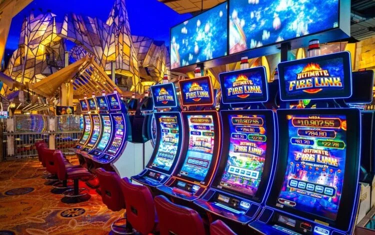 Vibrant slot machine reels and neon lights in a modern casino setting